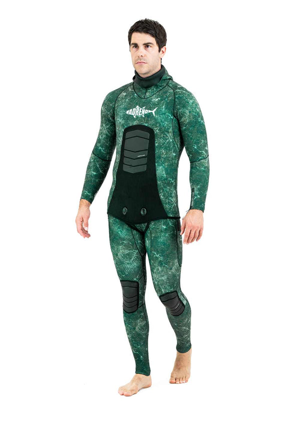 5MM Neoprene Spearfishing Wetsuit with Hooded, 2 Pieces Camouflage Hunting  Diving Suit with Loading Chest Pad for Cool Water Freediving Snorkeling