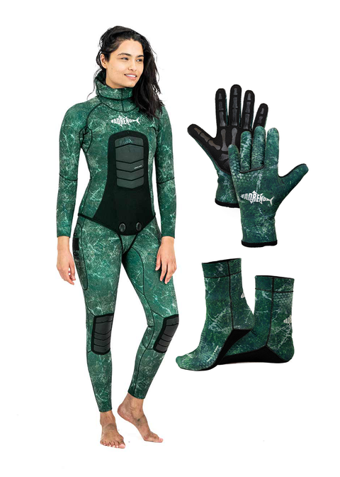Adreno Womens Abrolhos 3.5mm Two Piece Wetsuit, Diving Gloves, Diving Socks - Package
